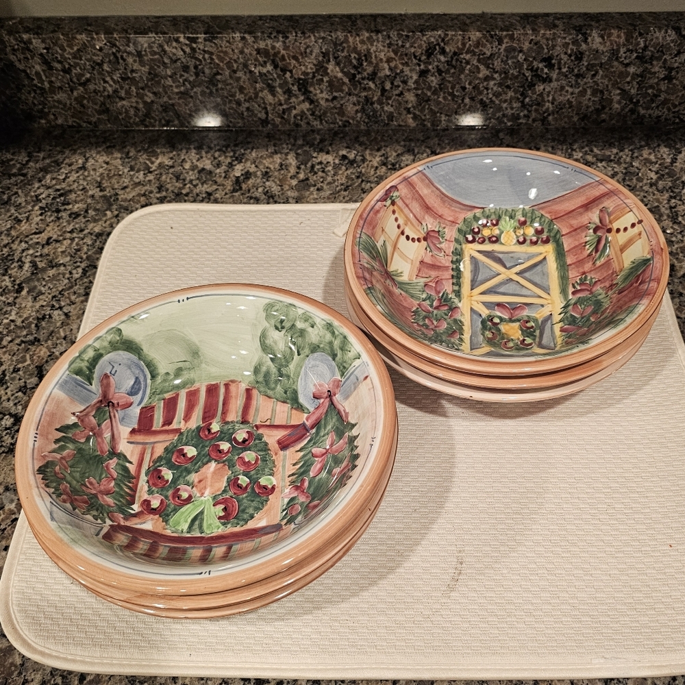 Country Holiday - Hand-Painted Ceramic Bowls - 2 Designs - Set Of 6